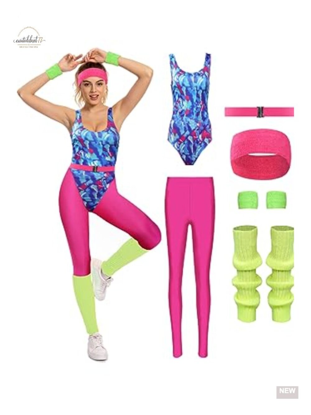 80s Workout Outfit 6 Pc Retro Aerobics Costume Leotard Leg Warmers Set